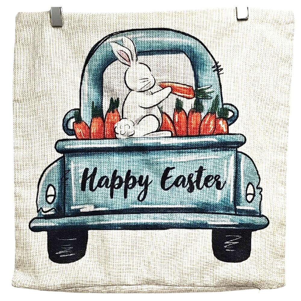 Set of Two Vibrant Easter Bunny Truck and Floral Easter Egg Pillow Covers 17" Sq